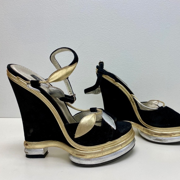 Dolce & Gabbana - Black Suede Metallic Leaf Applique Platforms - Picture 1 of 6